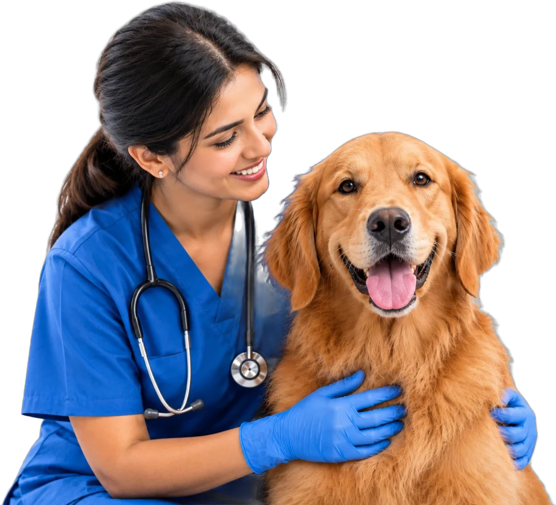 Anicare veterinarian hugging a smiling golden retriever