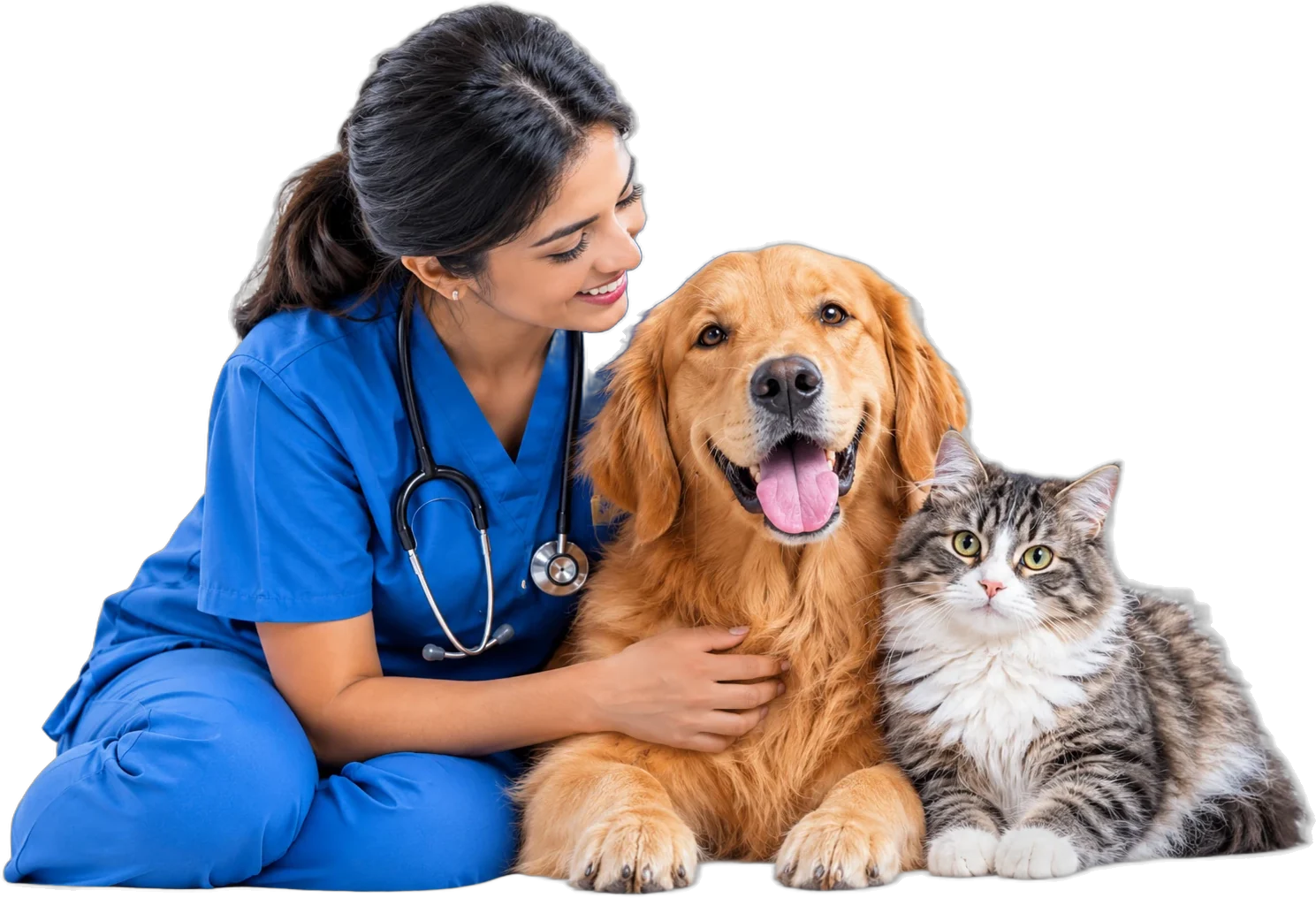 Veterinarian sitting with a golden retriever and a tabby cat